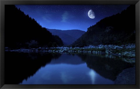 Framed Moon rising over tranquil lake and forest against starry sky, Bulgaria Print