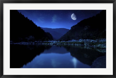 Framed Moon rising over tranquil lake and forest against starry sky, Bulgaria Print