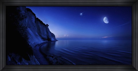 Framed Moon rising over tranquil sea and Mons Klint cliffs, Denmark Print