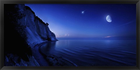 Framed Moon rising over tranquil sea and Mons Klint cliffs, Denmark Print