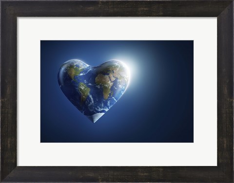 Framed Heart-shaped planet Earth on a dark blue background Print