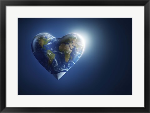 Framed Heart-shaped planet Earth on a dark blue background Print