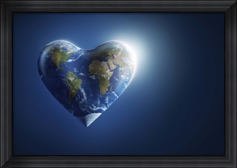 Framed Heart-shaped planet Earth on a dark blue background Print