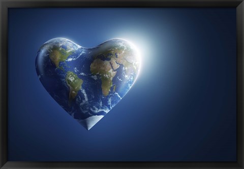 Framed Heart-shaped planet Earth on a dark blue background Print