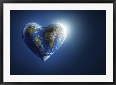 Framed Heart-shaped planet Earth on a dark blue background Print