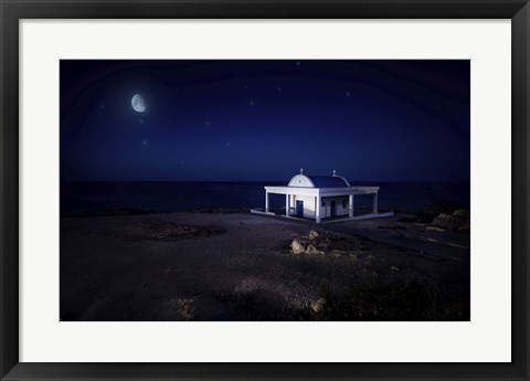 Framed small church at night with starry sky, Crete, Greece Print