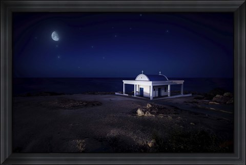Framed small church at night with starry sky, Crete, Greece Print