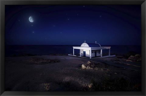 Framed small church at night with starry sky, Crete, Greece Print