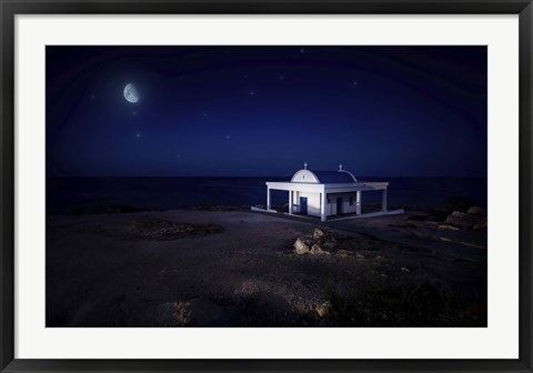 Framed small church at night with starry sky, Crete, Greece Print