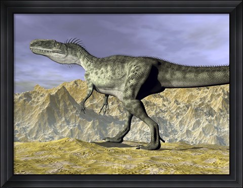 Framed Monolophosaurus dinosaur walking on rocky terrain near mountain Print