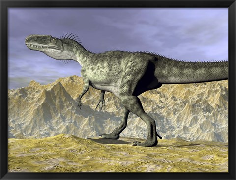 Framed Monolophosaurus dinosaur walking on rocky terrain near mountain Print