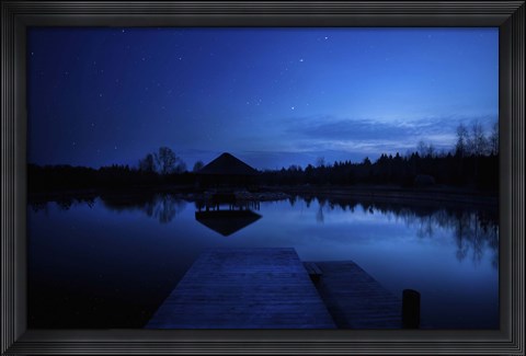 Framed small pier in a lake against starry sky, Moscow region, Russia Print