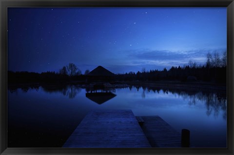 Framed small pier in a lake against starry sky, Moscow region, Russia Print