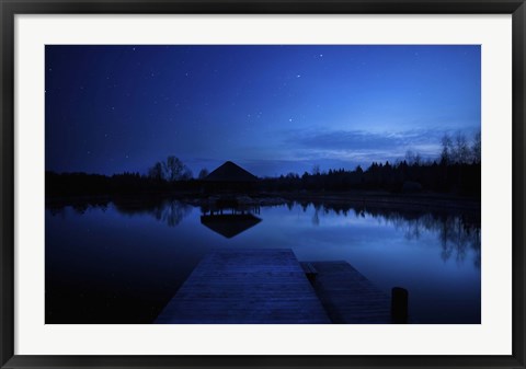 Framed small pier in a lake against starry sky, Moscow region, Russia Print