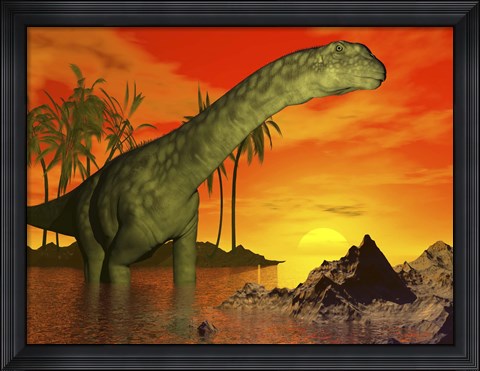 Framed Large Argentinosaurus dinosaur in water at sunset Print