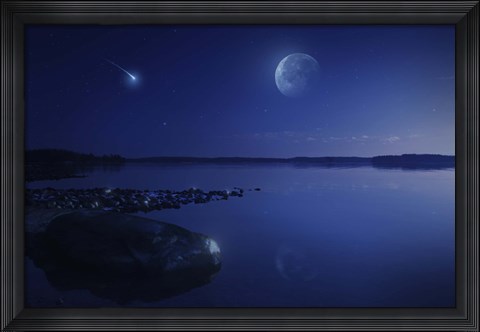 Framed Starry sky, moon and falling meteorite over a lake, Finland Print