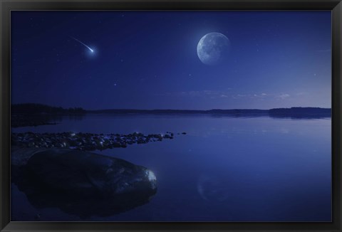 Framed Starry sky, moon and falling meteorite over a lake, Finland Print