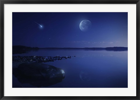 Framed Starry sky, moon and falling meteorite over a lake, Finland Print