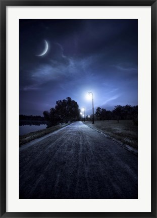 Framed road in a park at night against moon and moody sky, Moscow, Russia Print