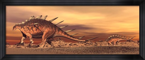 Framed Kentrosaurus mother and baby walking in the desert by sunset Print
