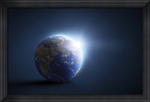 Framed Planet Earth and sunlight on a dark blue background Print