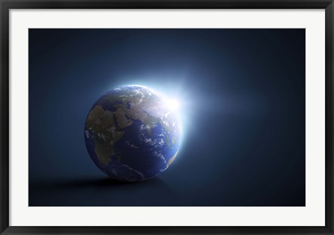 Framed Planet Earth and sunlight on a dark blue background Print