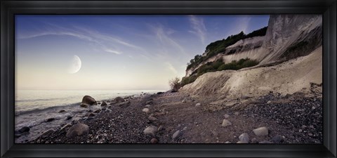 Framed Tranquil seaside and Mons Klint cliffs against rising moon, Denmark Print