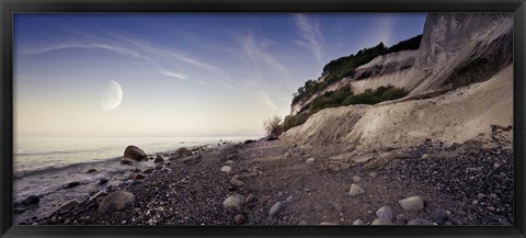 Framed Tranquil seaside and Mons Klint cliffs against rising moon, Denmark Print