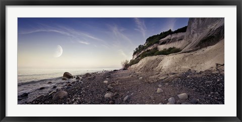 Framed Tranquil seaside and Mons Klint cliffs against rising moon, Denmark Print