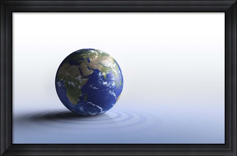Framed Planet Earth on a blue floor Print