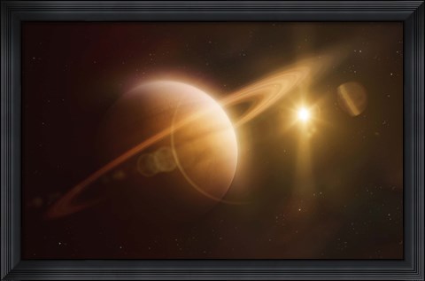 Framed Saturn in outer space against Sun and star field Print