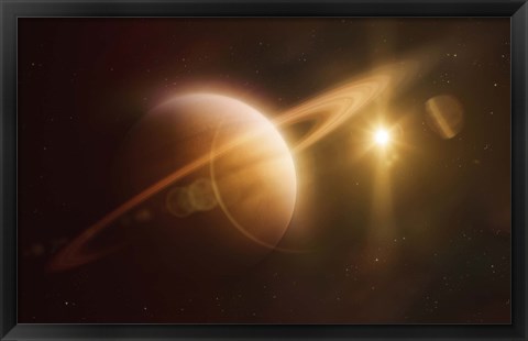 Framed Saturn in outer space against Sun and star field Print