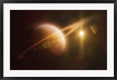 Framed Saturn in outer space against Sun and star field Print