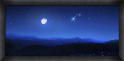 Framed Mountain range on a misty night with moon and starry sky Print