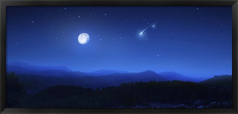 Framed Mountain range on a misty night with moon and starry sky Print