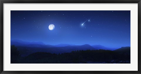 Framed Mountain range on a misty night with moon and starry sky Print