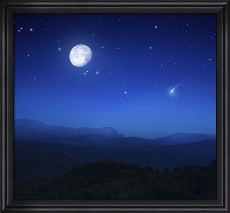 Framed Mountain range on a misty night with moon, starry sky and falling meteorite Print