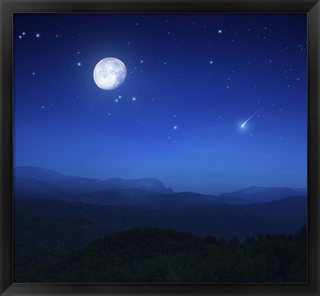 Framed Mountain range on a misty night with moon, starry sky and falling meteorite Print