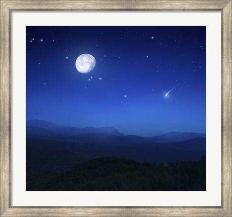 Framed Mountain range on a misty night with moon, starry sky and falling meteorite Print