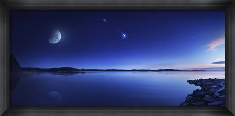 Framed Tranquil lake against starry sky, moon and falling meteorite, Finland Print