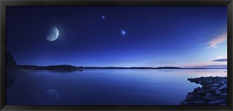 Framed Tranquil lake against starry sky, moon and falling meteorite, Finland Print