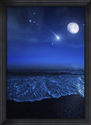 Framed Tranquil ocean at night against starry sky, moon and falling meteorite Print