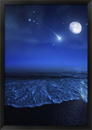 Framed Tranquil ocean at night against starry sky, moon and falling meteorite Print
