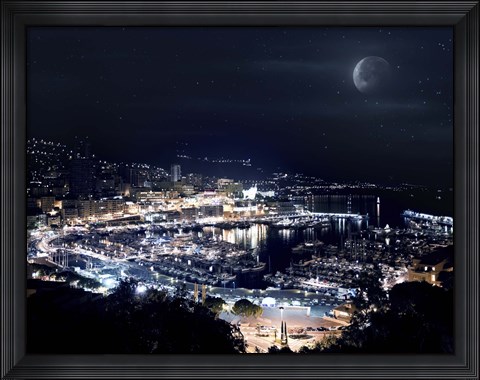 Framed Aerial view of Port Hercules in Monaco at night Print