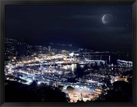 Framed Aerial view of Port Hercules in Monaco at night Print