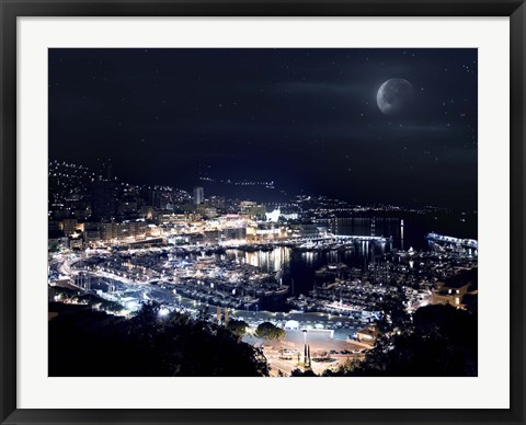 Framed Aerial view of Port Hercules in Monaco at night Print