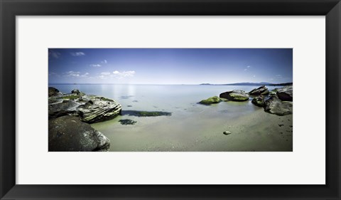 Framed Panoramic view of tranquil sea and boulders against blue sky, Burgas, Bulgaria Print