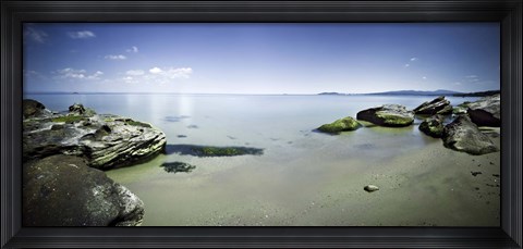 Framed Panoramic view of tranquil sea and boulders against blue sky, Burgas, Bulgaria Print