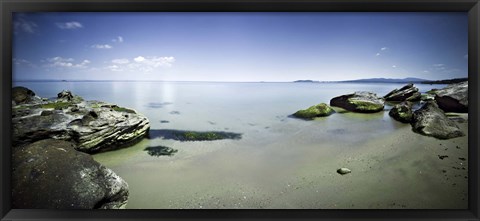Framed Panoramic view of tranquil sea and boulders against blue sky, Burgas, Bulgaria Print