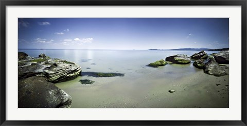 Framed Panoramic view of tranquil sea and boulders against blue sky, Burgas, Bulgaria Print